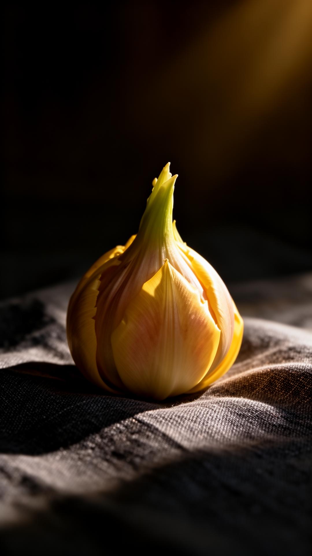 Viens ar rokām šķirots tulpes sīpols uz tumša lina